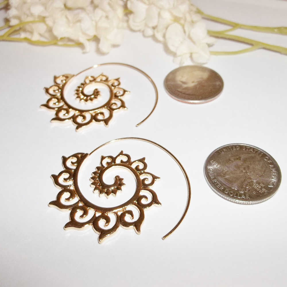 Gold Huggie Hoop Earrings Spiral Tribal Unisex Jewelry Set Pair Statement 4723 - Picture 6 of 10